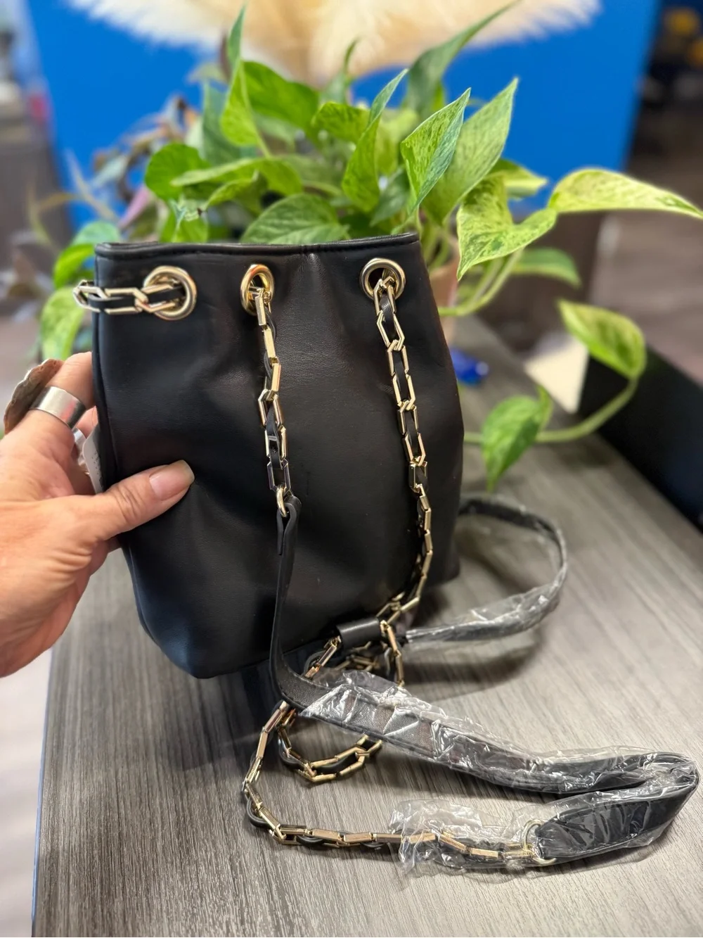 Free People Black Quilted Mini Backpack Bag with Gold Chain Straps